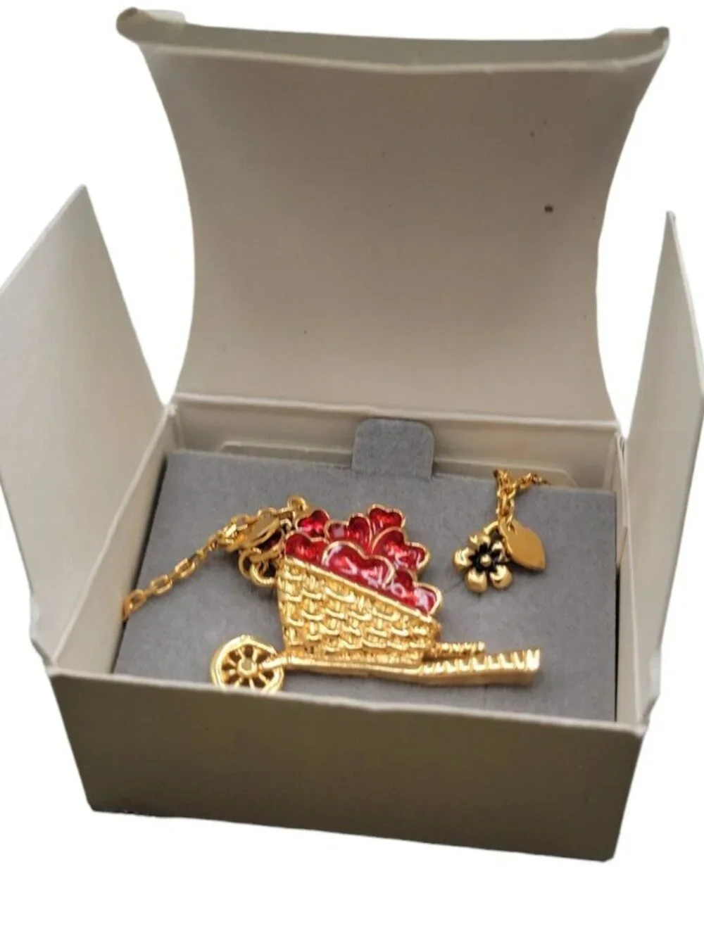 Avon Red Floral Heart Enamel Jewelry Set Wheelbarrow Pin & Dangle Post Earrings